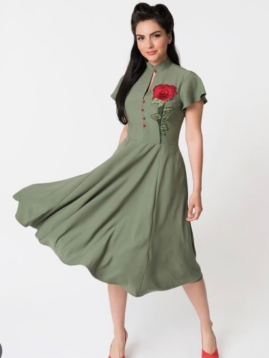 Unique Vintage Dresses & Skirts - Unique Vintage Olive Green Dress with Embroidered Red Rose Applique